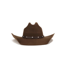 Load image into Gallery viewer, A brown wool cowboy hat with a dark brown leather band adorned with silver studs, shown against a plain white background.
