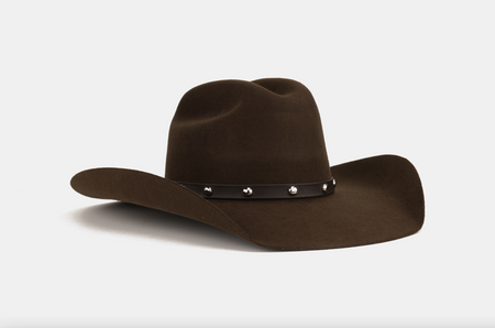 A brown wool cowboy hat with a dark brown leather band adorned with silver studs, shown against a plain white background.