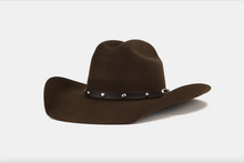 Load image into Gallery viewer, A brown wool cowboy hat with a dark brown leather band adorned with silver studs, shown against a plain white background.
