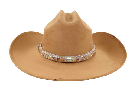 Tan cowboy hat with a decorative band on a white background