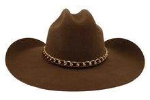 Load image into Gallery viewer, Brown cowboy hat with a gold chain band on a white background
