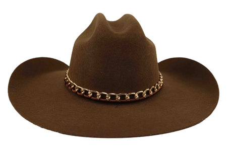 Brown cowboy hat with a gold chain band on a white background