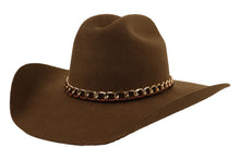 Load image into Gallery viewer, Brown cowboy hat with a chain band on a white background
