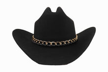 Load image into Gallery viewer, Dali Black virgin wool western hat with gold chain trim by ASN Hats – front view
