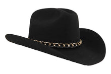 Load image into Gallery viewer, Dali Black virgin wool western hat with gold chain trim by ASN Hats – side view
