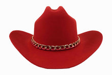 Load image into Gallery viewer, Dali Red virgin wool western hat with gold chain trim by ASN Hats – front view
