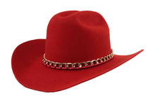 Load image into Gallery viewer, Dali Red virgin wool western hat with gold chain trim by ASN Hats – side view

