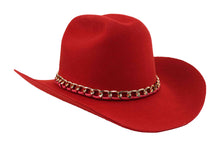 Load image into Gallery viewer, Dali Red virgin wool western hat with gold chain trim by ASN Hats – side view
