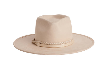A light beige wide-brim fedora hat with a braided band, shown against a plain white background. Back View
