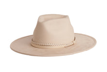 Load image into Gallery viewer, A light beige wide-brim fedora hat with a braided band, shown against a plain white background. Side left View

