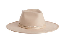 Load image into Gallery viewer, A light beige wide-brim fedora hat with a braided band, shown against a plain white background. Side View
