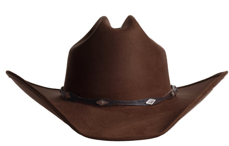 A dark brown cowboy hat with a dark brown leather band and silver conchos, shown against a plain white background.