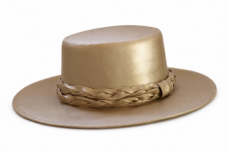 Gold boater hat with a matching braided band, shown on a plain white background.