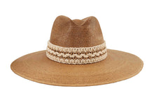 Load image into Gallery viewer, Brown straw hat with a decorative beige band.
