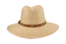 Load image into Gallery viewer, Beige straw hat with a brown leather band on a white background
