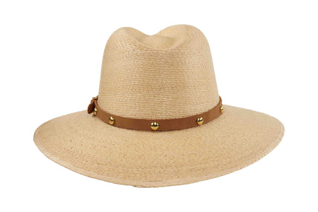 Beige straw hat with a brown leather band on a white background