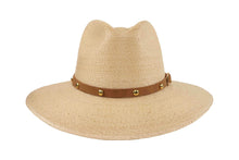 Load image into Gallery viewer, Beige straw hat with a brown leather band on a white background
