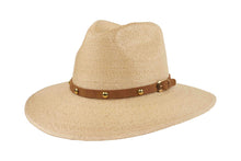 Load image into Gallery viewer, Beige straw hat with a brown leather band on a white background
