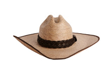 Load image into Gallery viewer, A natural straw cowboy hat with a dark brown braided band, shown from a side angle on a plain white background.
