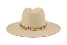 Load image into Gallery viewer, Beige fedora wool hat with a gold chain around the brim on a white background
