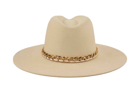 Beige fedora wool hat with a gold chain around the brim on a white background