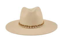 Load image into Gallery viewer, Beige fedora wool hat with a gold chain around the brim on a white background
