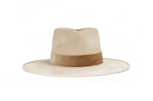 Load image into Gallery viewer, A light beige fedora hat with a darker brown band, shown against a plain white background.
