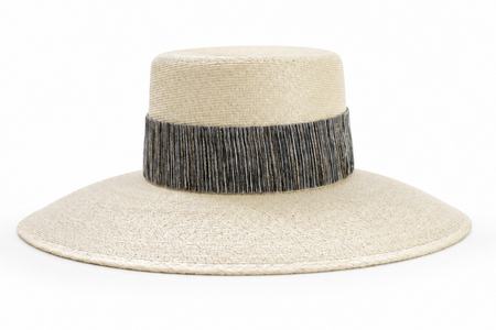 A light beige straw sun hat with a wide brim and a dark gray textured band around the crown, shown against a plain white background.