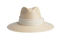 Load image into Gallery viewer, A light beige straw fedora hat with a textured woven band around the crown, shown against a plain white background.
