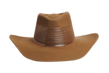 Load image into Gallery viewer, A classic brown felt cowboy hat with a decorative brown and silver striped band around the crown, shown against a plain white background.
