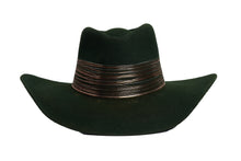 Load image into Gallery viewer, A dark forest green felt cowboy hat with a wide brim and a decorative band of dark brown and bronze-colored cords around the crown, shown against a plain white background.
