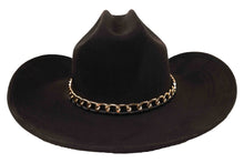 Load image into Gallery viewer, Black cowboy hat with a gold chain band on a white background
