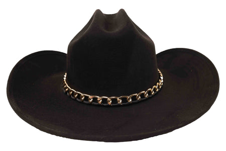 Black cowboy hat with a gold chain band on a white background