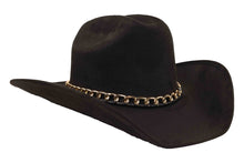 Load image into Gallery viewer, Black cowboy hat with a gold chain band on a white background
