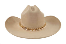 Load image into Gallery viewer, Beige cowboy hat with a gold chain band on a white background

