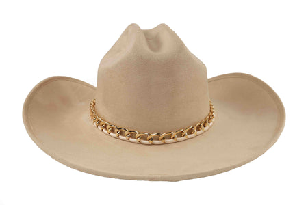 Beige cowboy hat with a gold chain band on a white background
