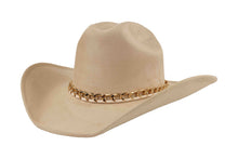 Load image into Gallery viewer, Beige cowboy hat with a gold chain band on a white background
