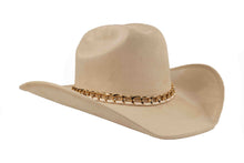 Load image into Gallery viewer, Beige cowboy hat with a gold chain band on a white background
