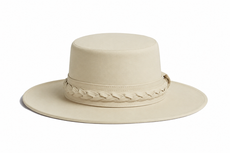 Beige hat with braided band on a white background