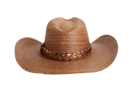 A brown woven straw cowboy hat with a braided leather band, shown from the front on a plain white background.
