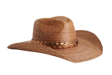Load image into Gallery viewer, A brown woven straw cowboy hat with a braided leather band, shown from the front on a plain white background.
