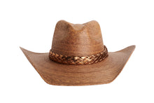 Load image into Gallery viewer, A brown woven straw cowboy hat with a braided leather band, shown from the front on a plain white background.
