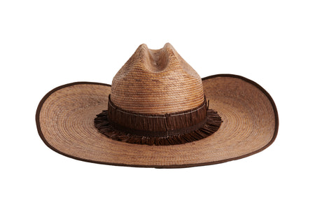 A dark natural straw cowboy hat with a dark brown fringe band, shown from a side angle on a solid white background.