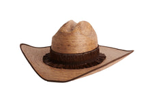 Load image into Gallery viewer, A dark natural straw cowboy hat with a dark brown fringe band, shown from a side angle on a solid white background.
