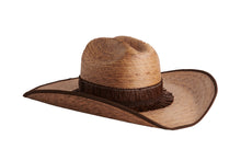 Load image into Gallery viewer, A dark natural straw cowboy hat with a dark brown fringe band, shown from a side angle on a solid white background.
