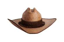 Load image into Gallery viewer, A dark natural straw cowboy hat with a dark brown fringe band, shown from a side angle on a solid white background.
