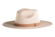 Load image into Gallery viewer, Suede hat with the crown shaped into a clean and ridged design with a double synthetic suede tan trim, left side view
