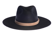 Load image into Gallery viewer, Black rancher hat with a double bound synthetic suede tan trim, front view
