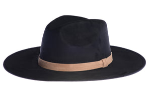 Black rancher hat with a double bound synthetic suede tan trim, left side view