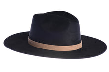 Load image into Gallery viewer, Black rancher hat with a double bound synthetic suede tan trim, right side view
